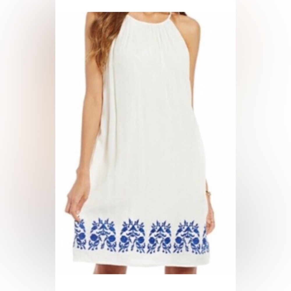 White Mini Dress by Gianni Bini, White Dress with Blue Floral Embroidery size M